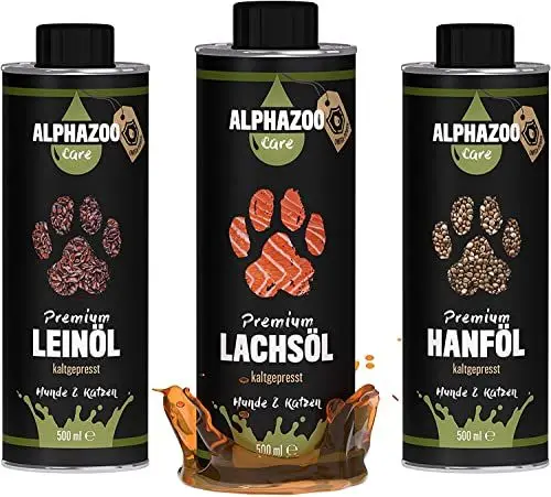Produktbild: alphazoo Barf-Trio I Lachsöl, Hanföl & Leinöl für Hunde & Katzen I 3 x 500ml I Natürliches Barf Öl mit Omega-3 & 6 I Energie für Herz & Kreislauf I Fellpflege