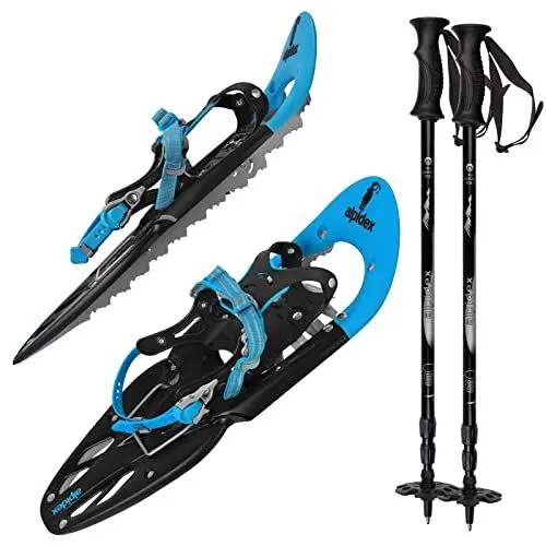 Produktbild: ALPIDEX Schneeschuhe 25 INCH Schuhgröße 38-45 bis 130 kg Steighilfe Tragetasche Optional Stöcke, Farbe:Blue mit Stöcken
