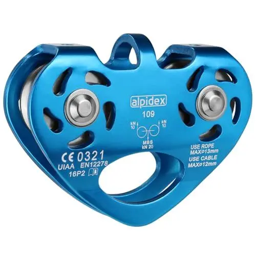 Produktbild: ALPIDEX Seilrolle Tandem Pulley Umlenkrolle Doppelseilrolle - geeignet für Stahlseile 8-12 mm Ø und Textilseile bis 13 mm Ø, Farbe:blau