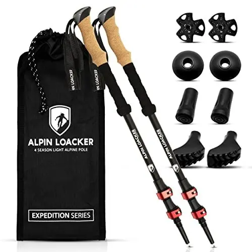 Produktbild: ALPIN LOACKER Teleskop Wanderstöcke Aluminium mit Korkgriff I Leichte Nordic Walking Stöcke Damen und Herren für Skifahren und Wandern I Trekkingstöcke für Bergsport, rot