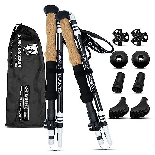 Produktbild: ALPIN LOACKER Wanderstöcke faltbar Carbon mit Korkgriff I Nordic Walking Stöcke Damen I Leichte Faltbare Trekkingstöcke Teleskop für Bergsport, 115-135 cm