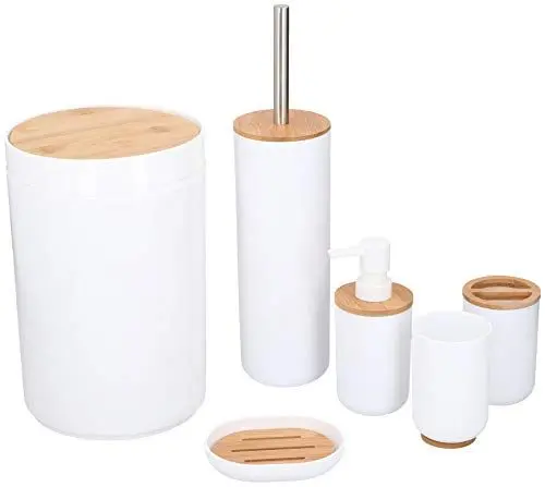 Produktbild: alpina Badezimmer Set - Bambus Bad Zubehörset - Toilettenzubehörset mit Lotionspender, Mülleimer, Zahnbürstenhalter, Zahnputzbecher, Toilettenbürste und Seifenschale - 6-Teilig