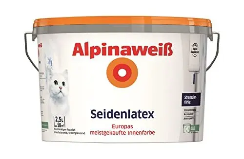 Produktbild: Alpinaweiß Seidenlatex in weißer Seidenglanz-Optik – strapazierfähige und atmungsaktive Wandfarbe – ergiebig, gut deckend & reinigungsfähig – 2,5 Liter