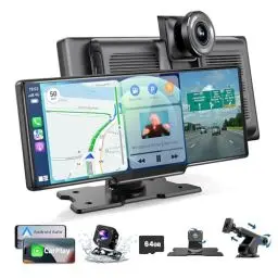Produktbild: Alpinetech Wireless Carplay Display & Android Auto Display: 10,26 Zoll Tragbares Autoradio mit 4K Dashcam Vorne Rückfahrkamera Siri Bluetooth Mirror Link AUX FM SD-Karte für All Vehicles