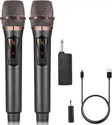 Produktbild: ALPOWL Kabelloses Mikrofon, Professionelles kabelloses Dual-Mikrofon, kabelloses Mikrofonsystem für Karaoke, Wiederaufladbarer Empfänger für Sprachverstärker für Hochzeit. (WXM-B, Black)