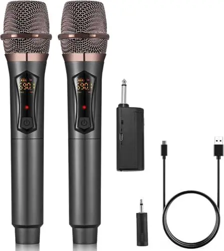Produktbild: ALPOWL Kabelloses Mikrofon, Professionelles kabelloses Dual-Mikrofon, kabelloses Mikrofonsystem für Karaoke, Wiederaufladbarer Empfänger für Sprachverstärker für Hochzeit. (WXM-B, Black)