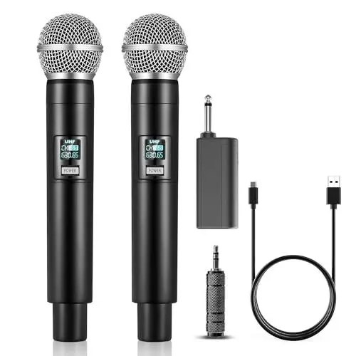 Produktbild: ALPOWL de Kabelloses Mikrofon, Kabelloses UHF-Dual-Hand mikrofon mit Wiederaufladbarem Empfänger, 40 Stunden Laufzeit, 200 Fuß Reichweite, Bluetooth Mikrofon für Karaoke,Kirche, Rede, Hochzeit