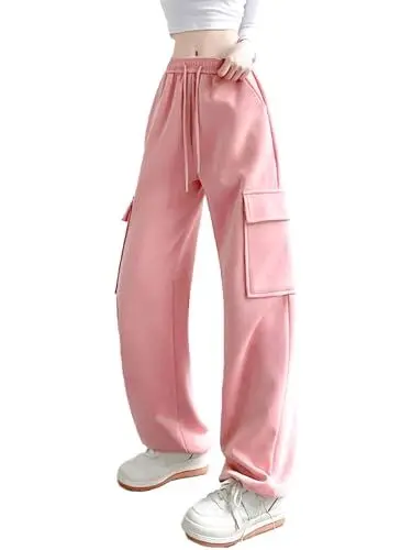 Produktbild: ALSOGO Cargohose Damen Jogginghose Wanderhose Sport Freizeithose High Waist Y2k Teenager Elastische Bund Cargo Hosen Multi Taschen Rosa L