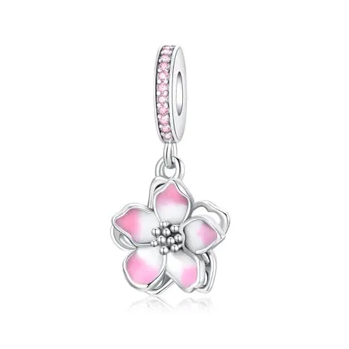 Produktbild: Alstiva Rosa Kirschblüten-Charm-Anhänger 925 Sterling Silber 5A Zirkonia Charm Anhänger für Armband Charm Bead Pendant für Europäische Armbänder Halsketten Schmuck Geschenk für Damen Frauen