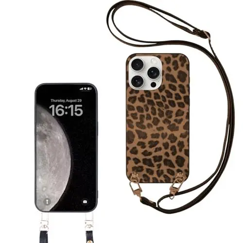 Produktbild: Altartar Handykette für iPhone 15 Hülle mit Band,Leopard Silikon Necklace Handyhülle mit Abnehmbar Kordel zum Umhängen Case Bumper Schutzhülle für iPhone 15 PC+TPU Cover-Braun