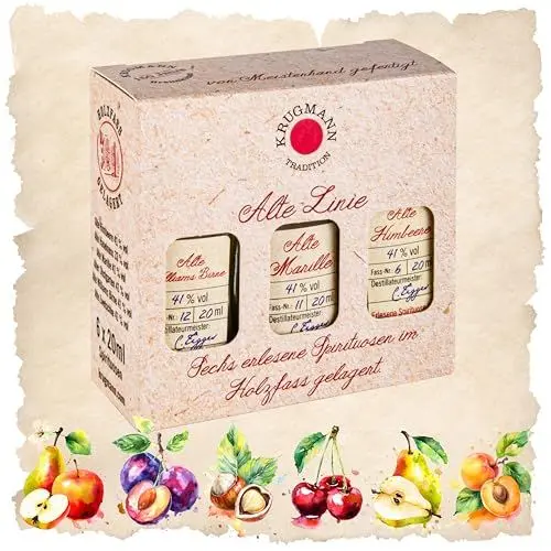 Produktbild: ALTE LINIE Mix – 6 exklusive Geschmacksrichtungen 6 x 0,02 l Obstbrand - Alte Himbeere, Alte Haselnuss, Alte Marille, Alter Obstgarten, Alte Birne, Alte Zwetschke