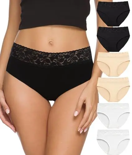 Produktbild: ALTHEANRAY Unterhosen Damen Baumwolle unterwäsche Frauen Slips Spitze Hipster Atmungsaktiv Damen-Unterhosen Mehrpack Weiche Stretch Bequeme 6er Pack（EU3020S-BlackWhiteSkin）