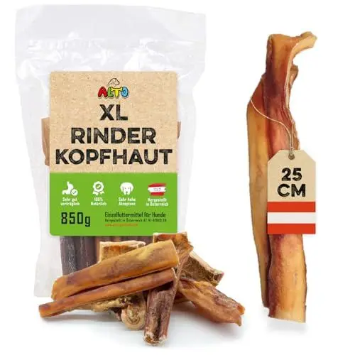 Produktbild: ALTO - Premium Rinderkopfhaut für große Hunde - 25cm Stücke - Hunde Kauartikel groß - Hundeleckerli für Zahnpflege Hund und Beschäftigung - 400g