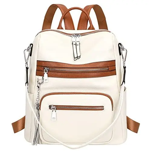 Produktbild: ALTOSY Echt Leder Rucksack Damen Elegant Convertible Schultertasche Frauen Uni mit Quaste (S106 Beige/Wheat)