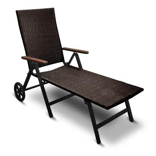 Produktbild: Aluminium Polyrattan Rollliege Relaxliege 120 kg belastbar Sonnenliege Klappbare Gartenliege Braun Neu