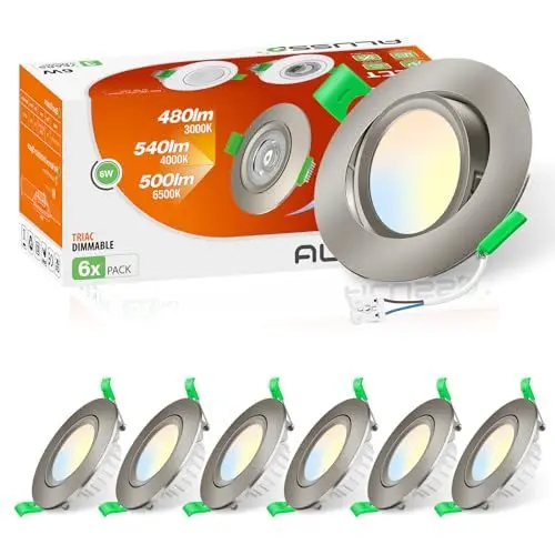 Produktbild: ALUSSO LED Einbaustrahler 230V 76mm, 6W Neigung Einbaustrahler LED Flach 25mm, 3CCT Spot Warmweiß Naturweiß Kaltweiß, Abnehmbar Spots Dimmbar für Küche Wohnzimmer, 6er Nickel Gebürstet