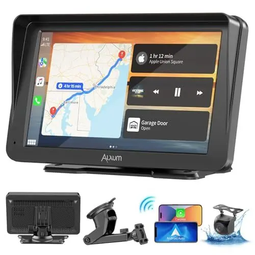Produktbild: Alxum Carplay Auto Display tragbar 7” IPS Driveplay FM Transmitter Auto Bluetooth Car Play Monitor mit Rückfahrkamera, Unterstützung für TF Karte, FM, AUX für alle Autos