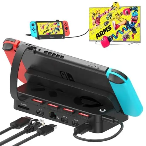 Produktbild: Alxum Switch Docking Station mit Game Switcher für Nintendo Switch/OLED-Switch Dock mit 4K HDMI,1000Mbps Ethernet,100W USB-C Ladeanschluss für dem Offiziellen Nintendo Switch Dock