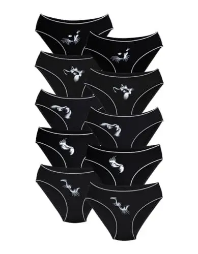 Produktbild: ALYA UNDERWEAR Mädchen-Slip, Kinder-Slip aus Baumwolle, weicher und bequemer Mädchen Höschen, Cats Printed (Pack of 10, Black-X13)