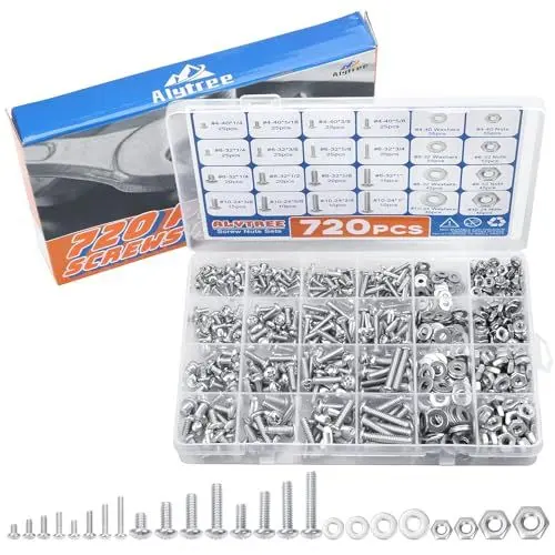 Produktbild: Alyoen 720 Stk. Edelstahl Schrauben und Muttern Sortiment Set #4#6#8#10 Silber Halbrundkopf Kreuzschlitzschrauben,ink Sechskantmuttern und Unterlegscheiben für Home Office Industrieelektronik