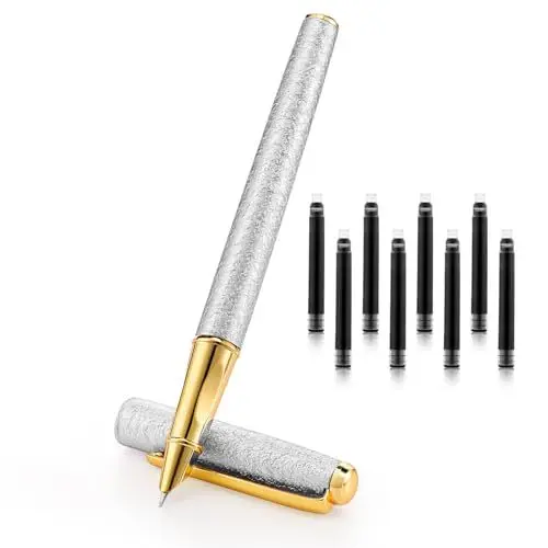 Produktbild: Amabro Luxus-Füllfederhalter-Set, 0,5 mm, ausgefallene Stifte, glattes Schreiben, Stift mit feiner Spitze und 8 Tintenpatronen, schöne Stifte, Executive-Bürostift(Silber)
