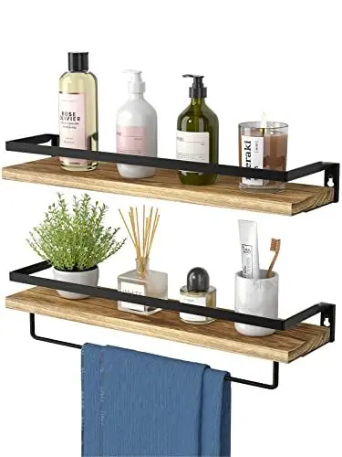 Produktbild: AMADA HOMEFURNISHING Wandregal Holz 42cm, Regalbrett mit Handtuchhalter, Schweberegal 2er Set, Rustikales Regal Wand für Badezimmer,Schlafzimmer,Wohnzimmer,Küche,Home Office,Waschküche