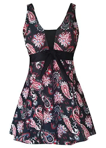 Produktbild: AMAGGIGO Damen Neckholder Push up BadekleidFigurformender Bunt Badeanzug mit Röckchen Bauchweg Einteiliger Badekleid（Black red，Größe 40 (L)）