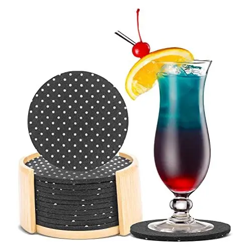 Produktbild: AMALINDO Filz Untersetzer für Gläser Grau Ø11cm 10 Glasuntersetzer Grau Rund - Set Filzuntersetzer mit Bambusbox - Abwaschbar und rutschfest Untersetzer Gläser