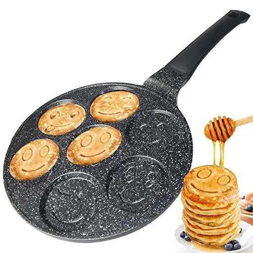 Produktbild: Amalindo Pancake Pfanne Ø26cm | 7 Loch Smiley Pancakepfanne | Antihaft-Beschichtung | Pfannkuchenpfanne Induktion | Eierpfanne, Augenpfanne für Pancakes, Spiegelei, Pfannkuchen, Spiegeleipfanne