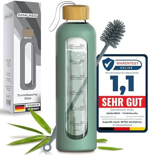 Produktbild: Amalindo Trinkflasche 1l Glas Bruchsicher, Wasserflasche 1l, Glasflasche 1 Liter, Trinkflasche Glas 1l, 1 Liter Trinkflasche, Water Bottle inkl. Silikonhülle & Bürste (BPA-frei) - Olive