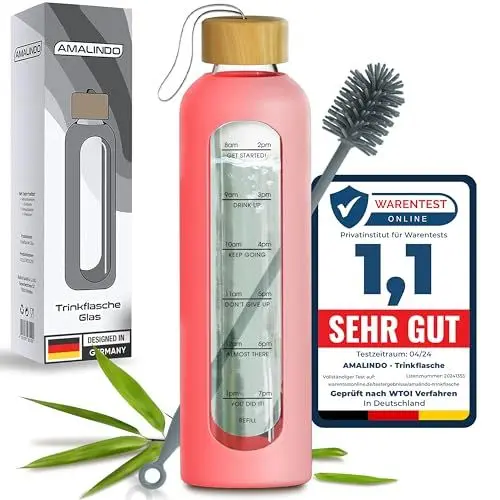 Produktbild: Amalindo Trinkflasche 1l Glas Bruchsicher, Wasserflasche, Glasflasche 1 Liter, Trinkflasche Glas 1l, Water Bottle inkl. Silikonhülle & Bürste (BPA-frei) - Rosa