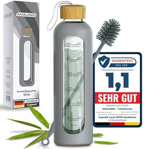 Produktbild: Amalindo Glasflasche 1 Liter mit Schraubverschluss, Silikonhülle & Bürste (Borosilikatglas) - Glas Trinkflasche & Wasserflasche bruchsicher & BPA-frei