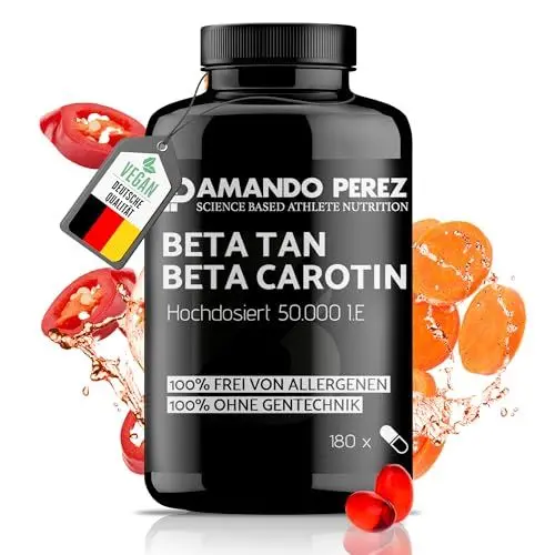Produktbild: Amando Perez Beta Carotin 50.000 I.E Depot Bräunungskapseln - 180 Softgels Hochdosiert & Vegan - Vorstufe von Vitamin A - frei von Allergenen & ohne Gentechnik - natürliche Bräune
