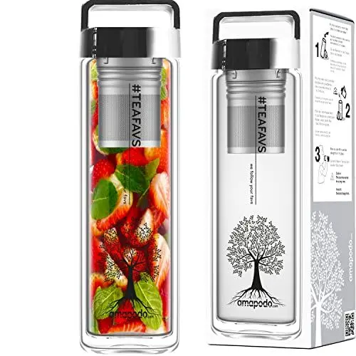 Produktbild: amapodo Teeflasche mit Sieb to go - Trinkflasche für Tee aus Glas in 400ml - Teekanne doppelwandig - Teebereiter - Teebecher - Teezubehör - Tea Bottle