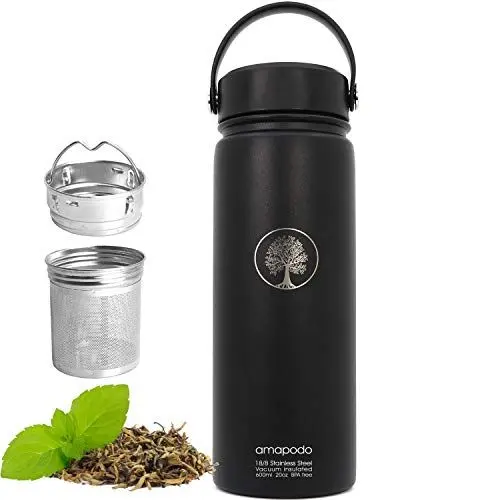 Produktbild: amapodo Trinkflasche aus Edelstahl mit Sieb - Thermosflasche - Thermobecher - Für Heiß und Kalt Getränke - Tee oder Kaffee to go - Isolierflasche mit Teesieb 600ml