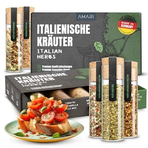 Produktbild: Amari® Italienische Kräuter Gewürze Set – 5 erlesene Gewürzmischungen Geschenkset – Gewürze Italien Pasta Pizza Grill Gewürzset Grillgewürze grillen Gewürzbox