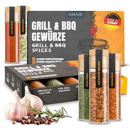 Produktbild: Amari® GRILL & BBQ Gewürze Set – 5 erlesene Grillgewürze Geschenkset – BBQ Rub Chili Gewürz Gewürzbox Grillen Steak Fleisch Fisch Gewürzmischung Grill