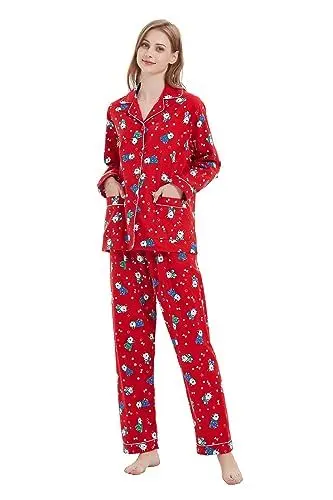 Produktbild: Amaxer Damen Flanell Thermal Pyjama Set 100% Baumwolle Herbst/Winter Pyjama Set，Hund im blauen Kleid，XL
