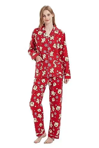 Produktbild: Amaxer Damen Flanell Thermal Pyjama Set 100% Baumwolle Herbst/Winter Pyjama Set，Roter Hintergrund mit Elch，L