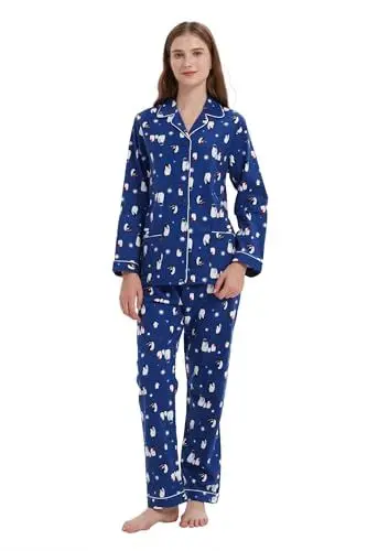 Produktbild: Amaxer Damen Flanell Thermal Pyjama Set mit Knopfleiste 100% Baumwolle Herbst/Winter Pyjamas Lang Zweiteiler Hausanzug mit Taschen für Damen
