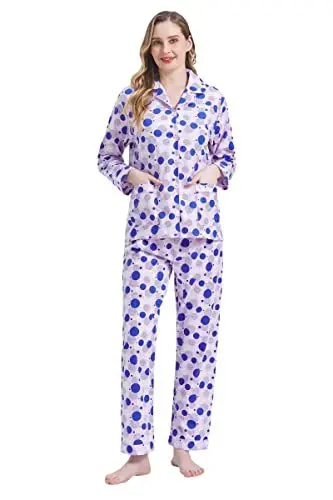 Produktbild: Amaxer Damen Zweiteiliger Schlafanzug Baumwolle Pyjama Set Langarm Nachtwäsche Hausanzug Sleepwear und Pyjamahose Lounge Sets,Blauer Kreis,L