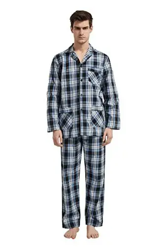 Produktbild: Amaxer Herren Schlafanzug Baumwolle Pyjamas Set,Blaues weißes Quadrat,L