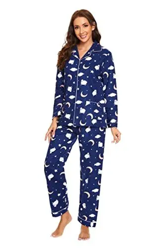 Produktbild: Amaxer Thermo Flanell Schlafanzug Damen 100% Baumwolle Pyjama Set Lang Winter Warmer Sleepwear | Schafe der sternenklaren Nacht, XL