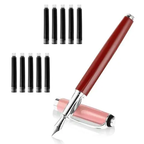 Produktbild: Amaxiu Metall Füllfederhalter Set, Füllfederhalter mit feiner Spitze und 10 3,4 mm schwarzen Tintenpatronen ästhetische glatter Schreibstift Büro Kalligraphie Schulbedarf Geschenk(Rot)