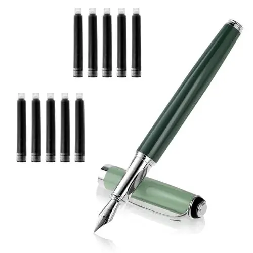 Produktbild: Amaxiu Metall Füllfederhalter Set, Füllfederhalter mit feiner Spitze und 10 3,4 mm schwarzen Tintenpatronen ästhetische glatter Schreibstift Büro Kalligraphie Schulbedarf Geschenk(Grün)