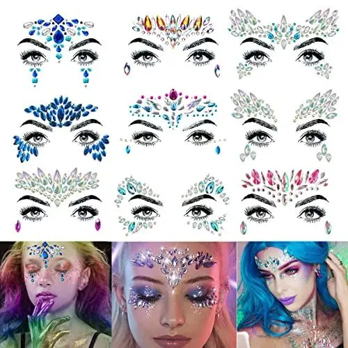 Produktbild: Amaza 9Pcs Gesicht Edelsteine,Temporäre Tattoos Gesichts Aufkleber, Schmucksteine Selbstklebend Gesicht, Glitter Bindi Strass Juwelen Face Sticker