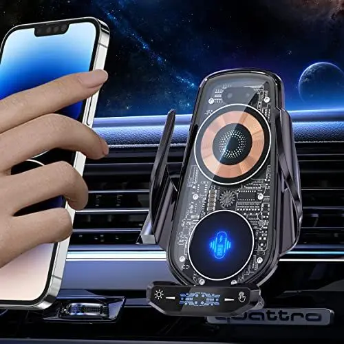 Produktbild: AmazeFan Kabelloses Autoladegerät 15W Qi-Ladegerät Schnellladegerät Touchscreen für iPhone Samsung Huawei usw. Auto Handyhalterung 360 ° Drehung, Elektromagnetische Induktion (dunkelschwarz)