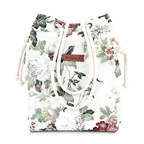 Produktbild: Amazinggirl Handtasche Beuteltasche Damen Tasche A4 oder A5 - Schultertasche Shopper Bag Stofftasche Stoffbeutel mit Innentasche Einkaufstasche Beutel als große Umhängetasche Blumen Beige