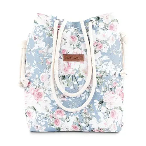 Produktbild: Amazinggirl Handtasche Beuteltasche Damen Tasche A4 oder A5 - Schultertasche Shopper Bag Stofftasche Stoffbeutel mit Innentasche Einkaufstasche Beutel als große Umhängetasche Blumen Grau