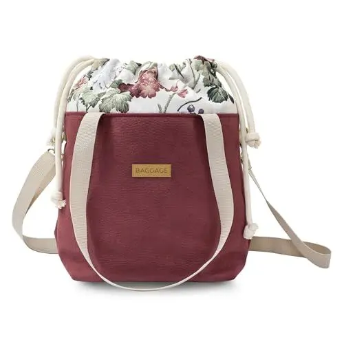 Produktbild: Amazinggirl Handtasche Beuteltasche Damen Tasche A4 oder A5 - Schultertasche Shopper Bag Stofftasche Stoffbeutel mit Innentasche Einkaufstasche Beutel als große Umhängetasche Blumen Rot